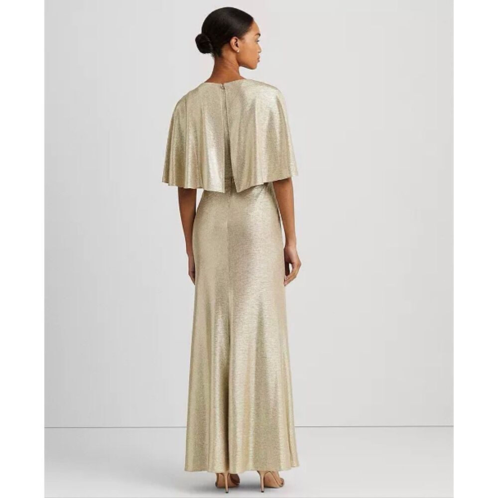 Lauren Ralph Lauren Twist-Front Foil Print Cape-Overlay Gown Gold/Tan 18 - Picture 3 of 7